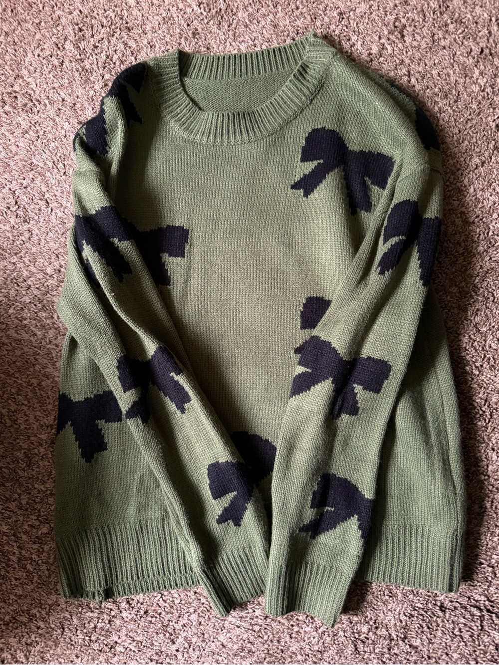 Olive Green Crewneck Sweater with Black Bow Motif